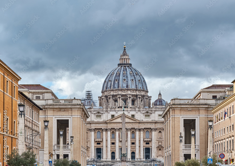 St. Peter's cathedral in Vatican view from Via della Conciliazione (Road of the Conciliation) in Rome, Italy