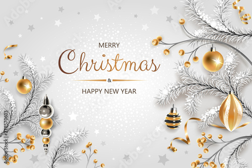 Horizontal banner with gold and silver Christmas symbols and text. Christmas tree, gift, decoration and other festive elements on white background.
