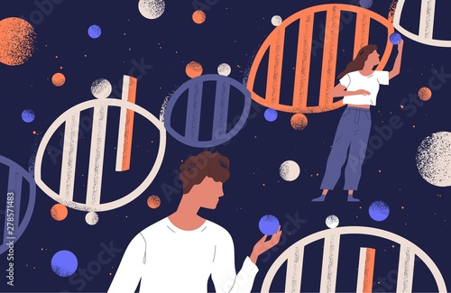 DNA molecules, man and women holding genes. Concept of scientific research in ancestry genetics, genomics, genome mutations, heredity or biological inheritance. Flat cartoon vector illustration. photo