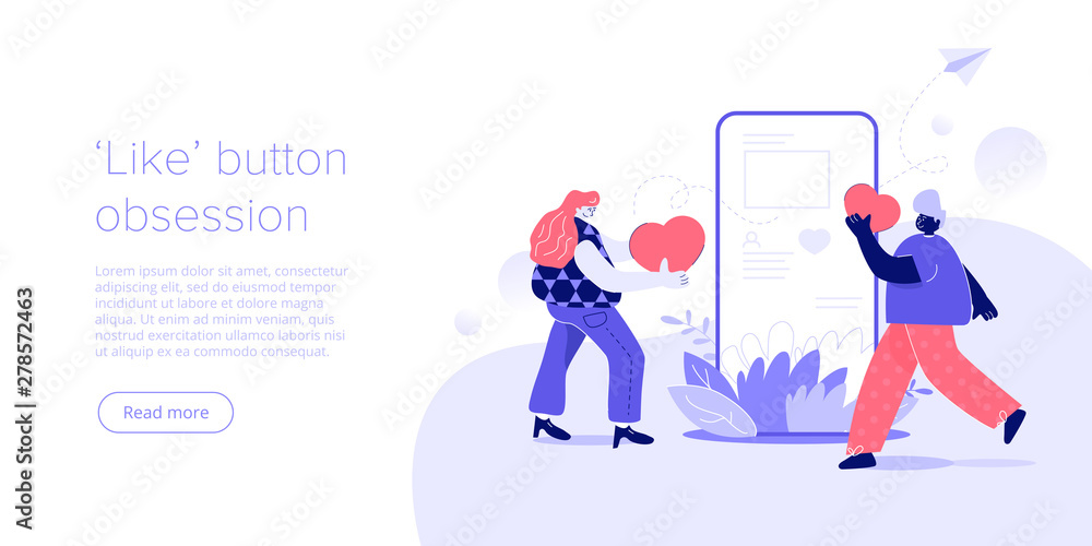 Young man and woman with hearts and smartphone. Pressing like button in social media. Modern flat vector illustration design. Web banner layout template for website.