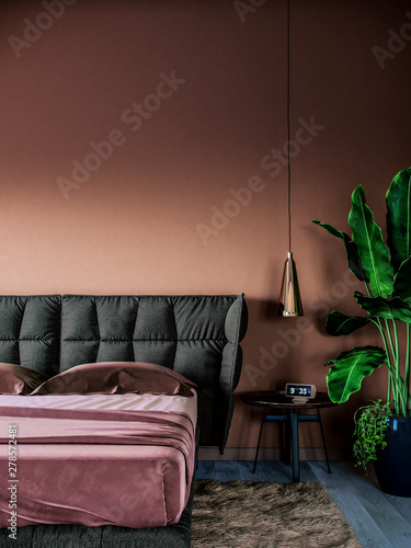 Trendy Contemporary Modern Bedroom Interior with Textplace and Banana Palm. 3d rendering