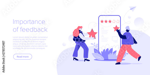 Young man and woman with stars and smartphone. Leaving positive feedback in social media. Customer survey as marketing service. Modern flat vector illustration design. Web banner layout  for website.