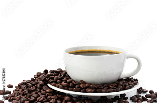 Black coffee in a white coffee cup and coffee beans on a white background