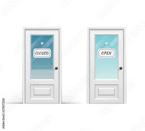 Doors with signboards open and closed