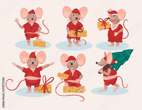 Christmas vector mouse set. Cartoon ret illustration. Holiday and New Year animal collection. Funny icons.