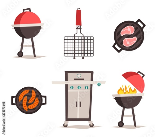 Summer, spring barbecue grill and picnic icons set. Party items, decorations. Isolated on white background.