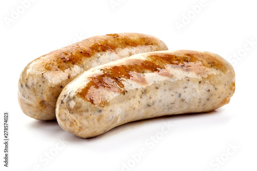 Grilled Munich Veal Sausages, close-up, isolated on white background