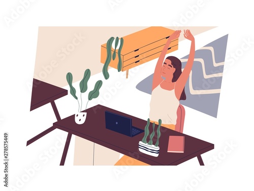 Happy girl sitting at desk with computer and stretching. Smiling woman employee or clerk at workplace in home. End of working day, task completion. Flat cartoon colorful vector illustration.