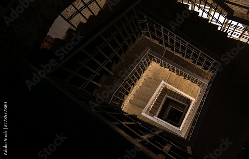 Top view of the spiral stairs in the church tower. Travels in Russia