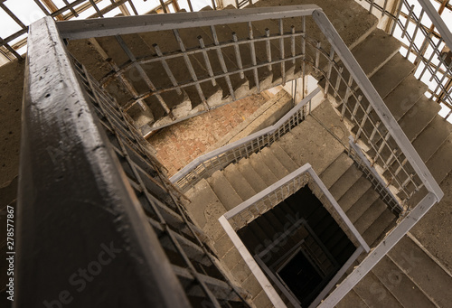 Top view of the spiral stairs in the church tower. Travels in Russia