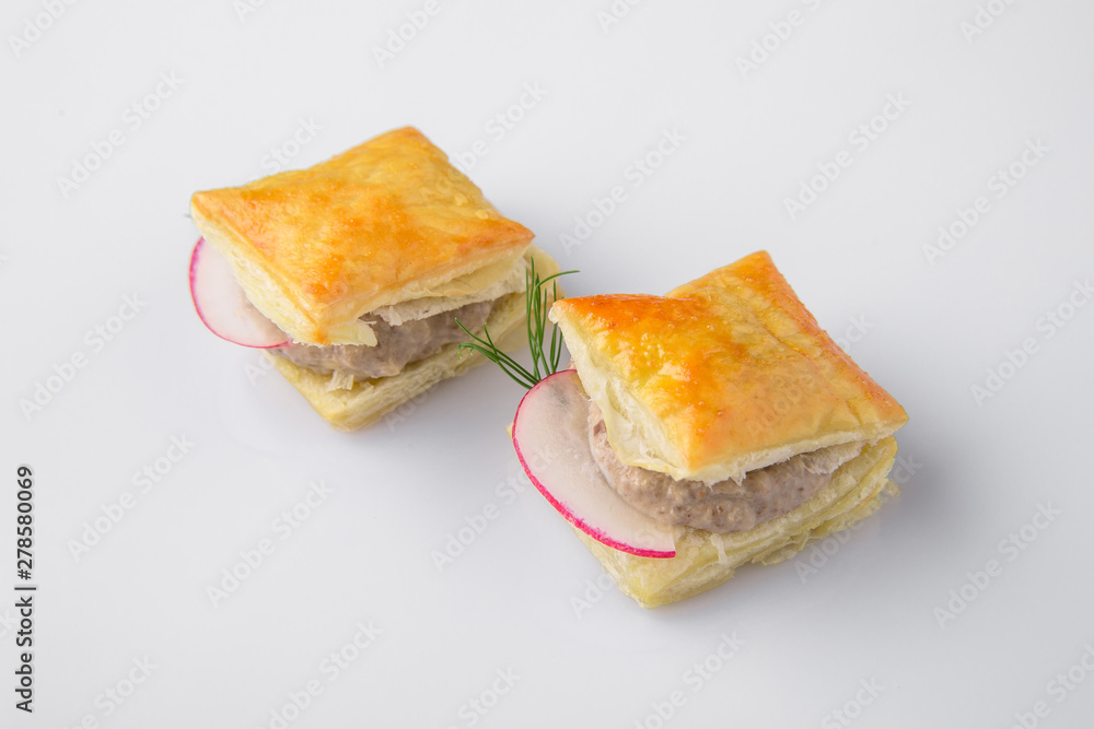 Canape with foie gras pate, turkeys, ducks, chicken. Beautifully