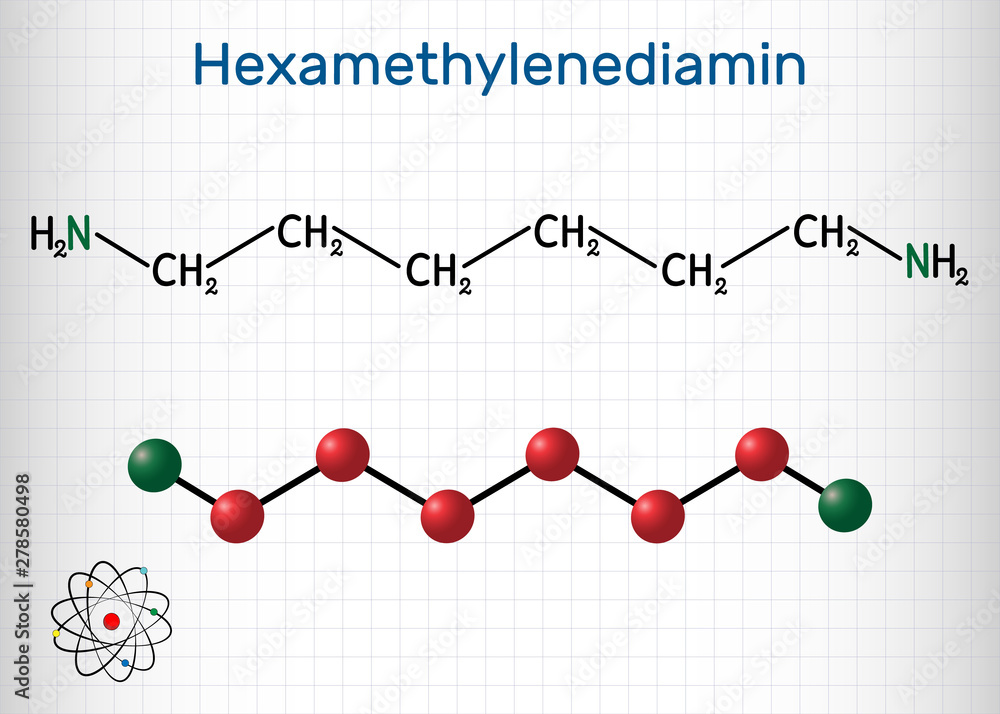 Hexamethylenediamine diamine molecule. It is monomer for nylon. Structural chemical formula and molecule model. Sheet of paper in a cage Hexamethylenediamine diamine molecule. It is monomer for nylon. Structural chemical formula and molecule model. Sheet of paper in a cage