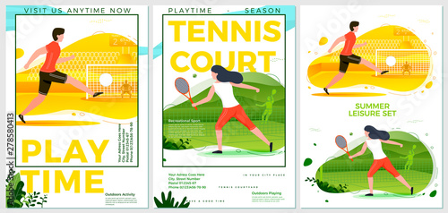 Vector summer sport posters set - football and tennis players. Forests, trees and hills on background. Print template with place for your text.