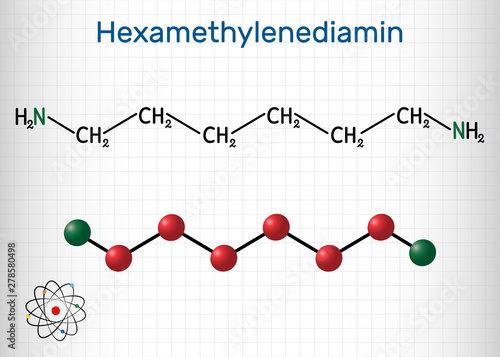 Hexamethylenediamine diamine molecule. It is monomer for nylon. Structural chemical formula and molecule model. Sheet of paper in a cage