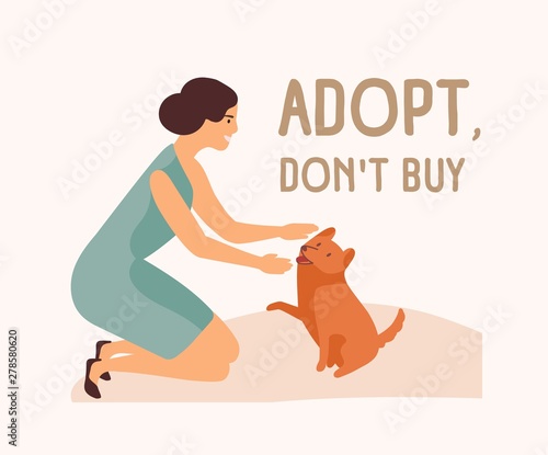 Smiling woman, adorable playful dog and Adopt Don't Buy slogan