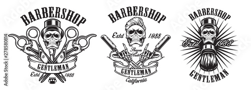 Vector of illustrations in vintage style for a barber shop with skulls