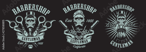 Vector of illustrations in vintage style for a barber shop with skulls