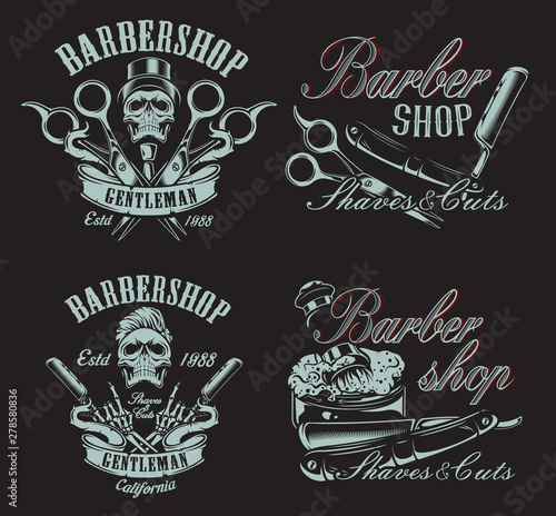 Set of illustration in vintage style for barbershop with skulls on the dark backround