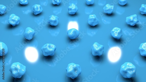 3D image of many bodies of spherical shape, flexible surface, blue on a blue background. Abstract desktop background illustration, 3D rendering in futuristic style.