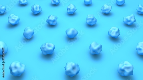 3D image of many bodies of spherical shape  flexible surface  blue on a blue background. Abstract desktop background illustration  3D rendering in futuristic style.