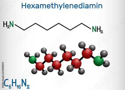 Hexamethylenediamine diamine molecule. It is monomer for nylon. Structural chemical formula and molecule model