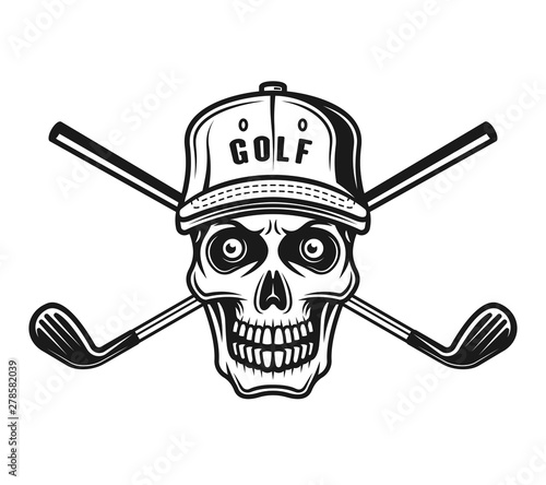 Skull of golfer in cap and two golf sticks vector