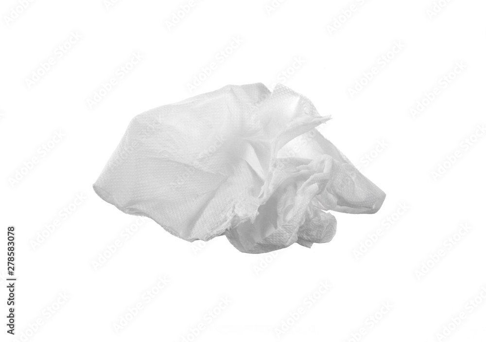 Used screwed paper tissue isolated on white background. Crumpled tissue paper. 