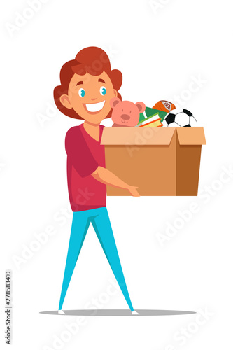 Boy carrying toys in box flat illustration