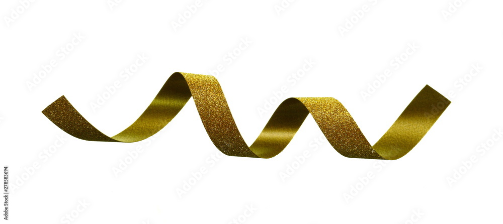 Gold ribbon and roll isolated on white background. Flat lay. Gold ribbon and roll isolated on white background. Flat lay.