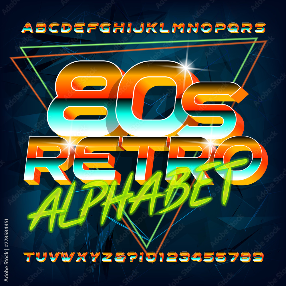 Retro 80s alphabet font. 3D uppercase letters and numbers. Abstract background. Stock vector typescript for your design in 80s style.