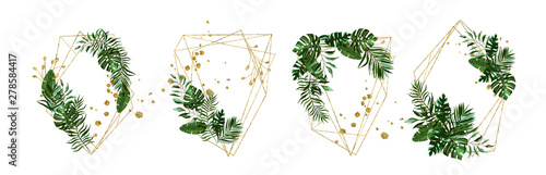 Wedding floral golden geometric triangular frame with tropic exotic greenery