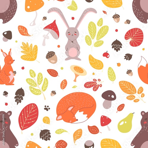 Seasonal seamless pattern with adorable wild forest animals, autumn leaves, acorns and mushrooms on white background