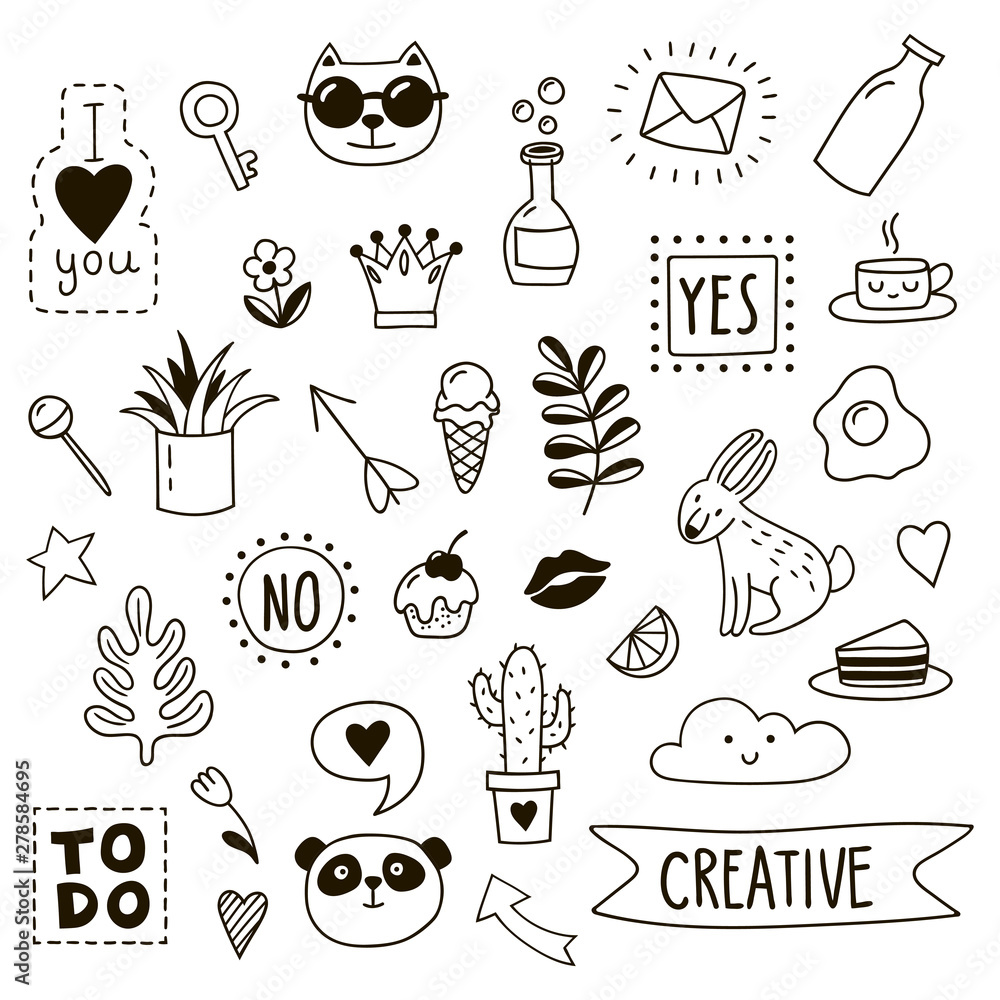 Set of cute childish doodles. Black and white vector clipart. Stock ...