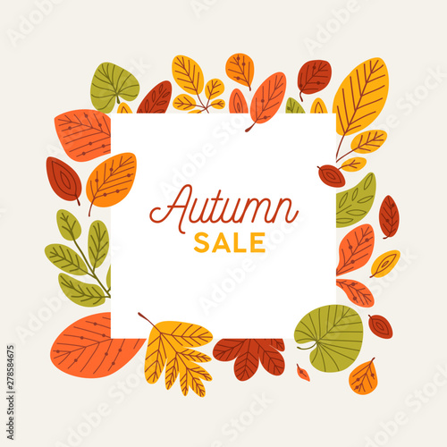 Square autumn banner template decorated by fallen tree leaves