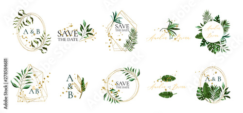 Set of floral wedding logos and monogram with elegant tropical leaves