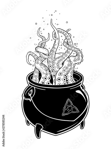 Wallpaper Mural Boiling magic cauldron with octopus tentacles isolated on white background
