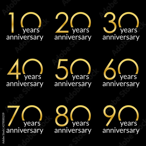 Anniversary logo set. 10,20,30,40,50,60,70,80,90 years celebrating icons with gold numbers. Birthday design template. Vector illustration. 