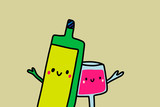 Bottle of wine and glass cheerful together holding hands cartoon illustration