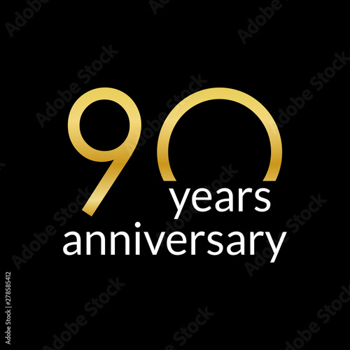 90 years anniversary celebrating icon or logo with gold numbers. Vector illustration. Birthday, greeting card design template. Vector illustration.