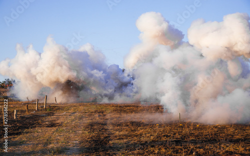 Explosions of bombs and shells. Reconstruction of the battle of world war II. Battle for Sevastopol. Reconstruction of the battle with explosions.Explosions of bombs and shells. Reconstruction of the 