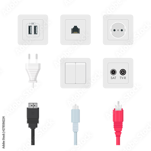 Power plugs flat vector illustrations set