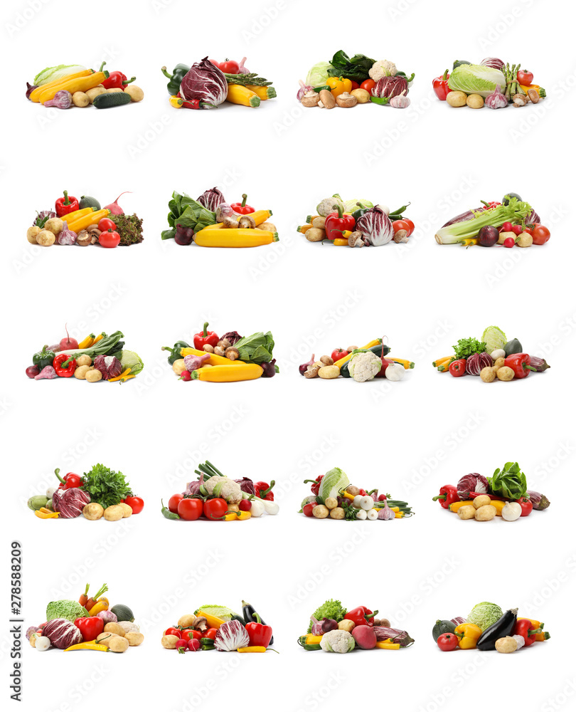 Set of different organic vegetables on white background