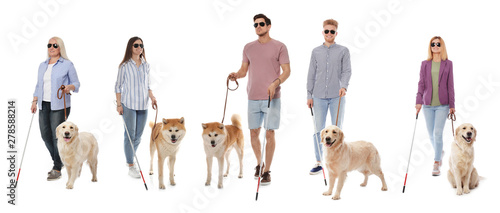 Photography Set of blind people with long canes and dogs on white background