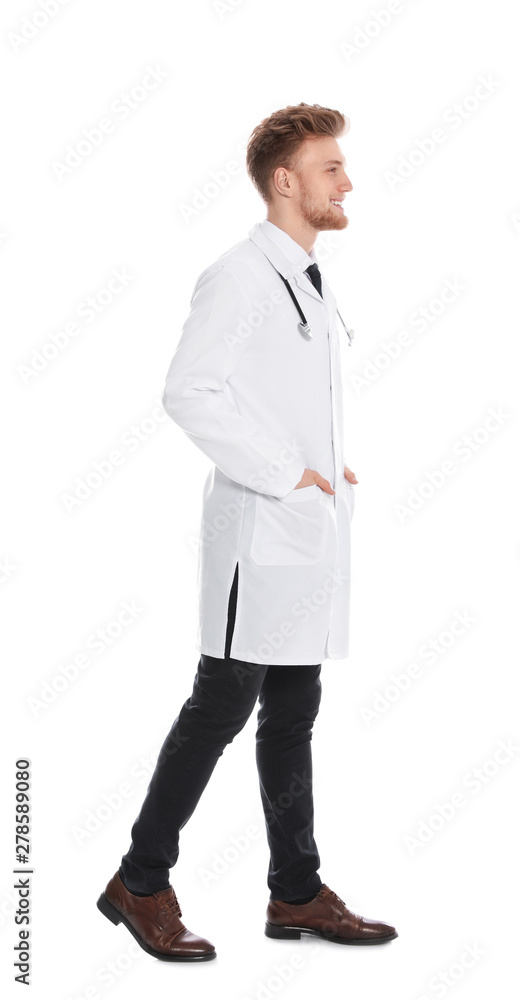 Full length portrait of medical doctor with stethoscope isolated on white Full length portrait of medical doctor with stethoscope isolated on white
