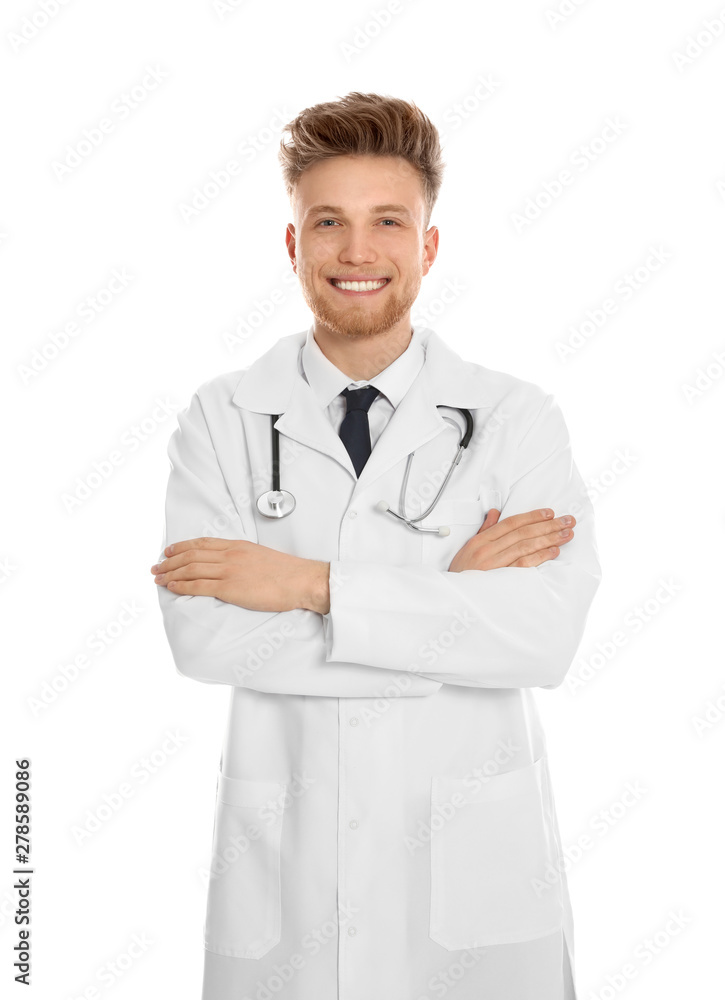 Portrait of medical doctor with stethoscope isolated on white Portrait of medical doctor with stethoscope isolated on white
