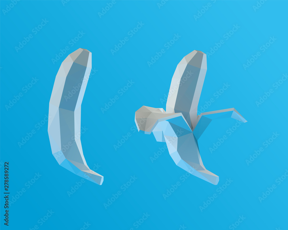 Obraz premium Plaster Bananas. Set of White Whole and Peeled Banana on Blue Background. Low Poly Vector 3D Rendering