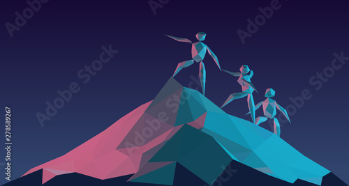 Holographic Business People Climb to the Top of the Mountain. Business Concept of Leadership and Teamwork. Leader Helps the Team to Climb the Cliff and Reach the Goal. Low Poly Vector 3D Rendering