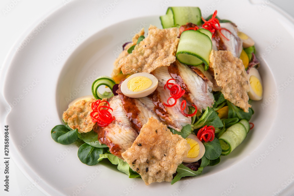 Delicious salad of smoked eel, fresh vegetables, quail eggs and crispy chips. Nutritious healthy dish. Banquet festive dishes. Gourmet restaurant menu. White background. Delicious salad of smoked eel, fresh vegetables, quail eggs and crispy chips. Nutritious healthy dish. Banquet festive dishes. Gourmet restaurant menu. White background.
