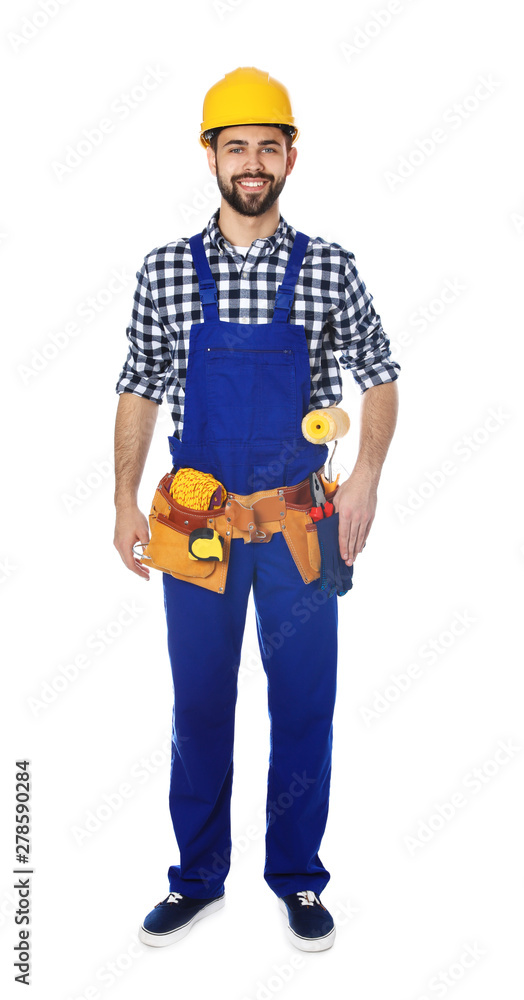 Full length portrait of construction worker with tool belt on white background Full length portrait of construction worker with tool belt on white background