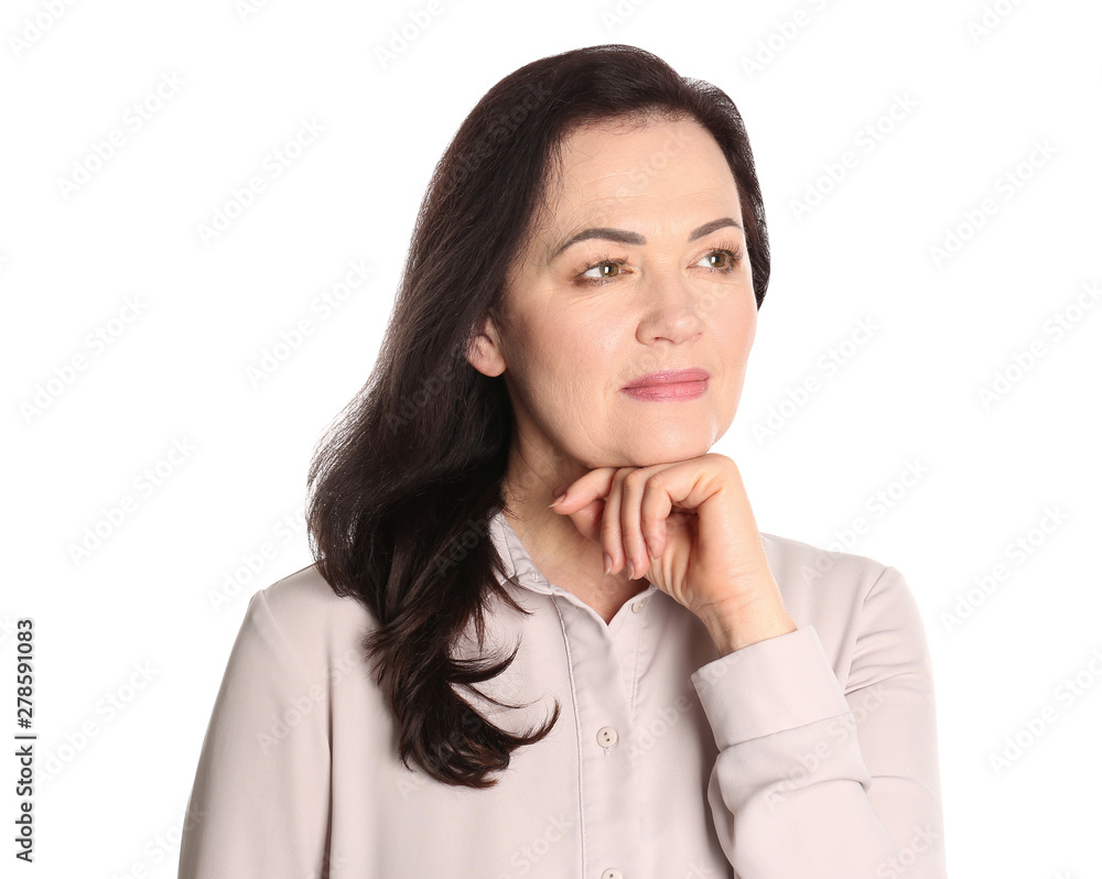 Portrait of charming mature woman with healthy beautiful face skin and natural makeup on white background Portrait of charming mature woman with healthy beautiful face skin and natural makeup on white background